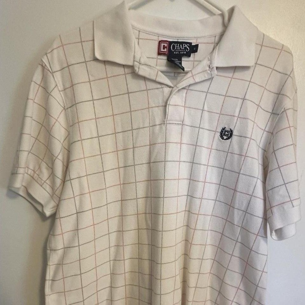 Chaps Men's Polo Golf Shirt Size M White+Gray+Pink Checkered  ~ Spring Summer